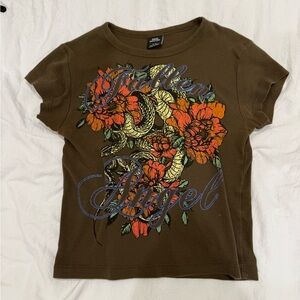 Urban Outfitters Brown Graphic Tee with Floral and Snake Design
